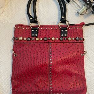 Studded Red Ostrich Like Handbag